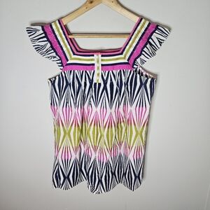 Tibi Cotton Blouse Angel Sleeves Pink Green Blue Geometric Ikat Stripe 6